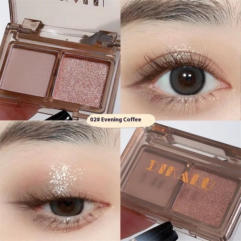 Two-tone eyeshadow palette showing five colour combinations including pink and black shades