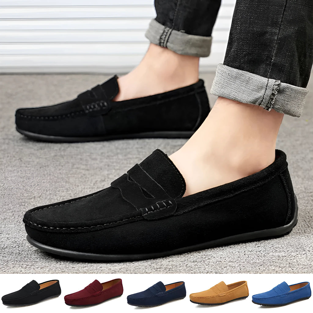 Men's suede loafers in black, blue, dark blue, wine red, and yellow colours showing round toe and flat sole