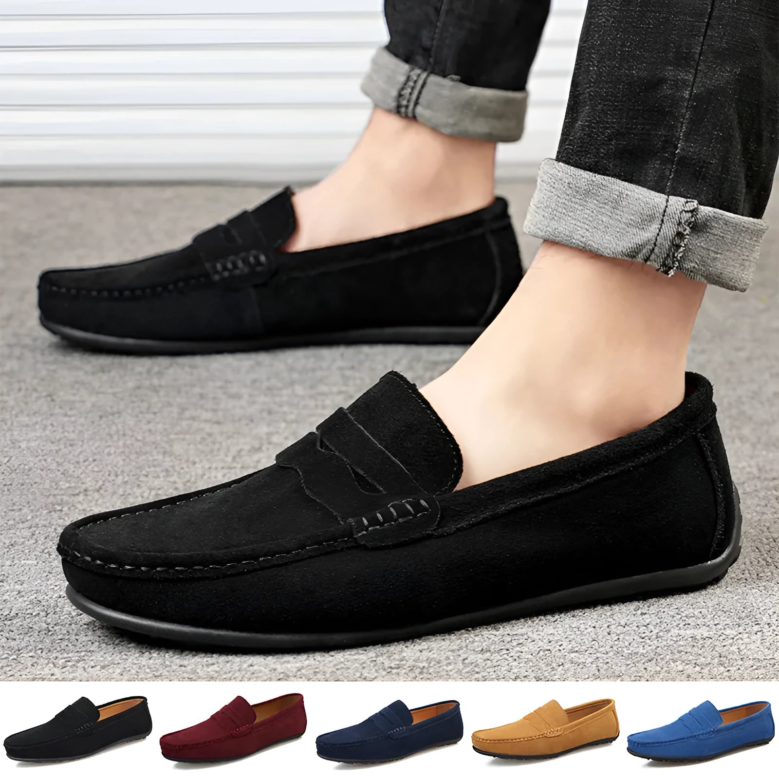 Men's suede loafers in black, blue, dark blue, wine red, and yellow colours showing round toe and flat sole