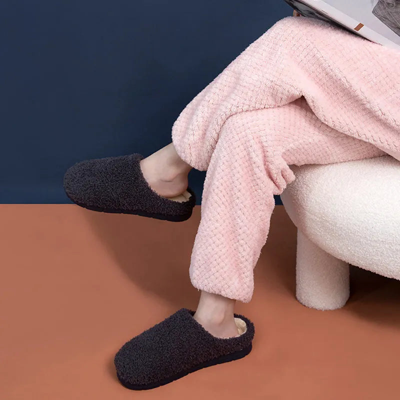 Women’s furry slippers with suede upper and non-slip sole in candy colours for winter home wear