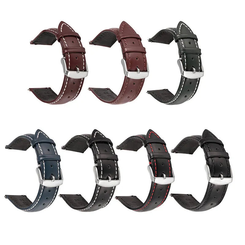 Quick release cowhide leather watch strap in multiple colours and widths with polished buckle