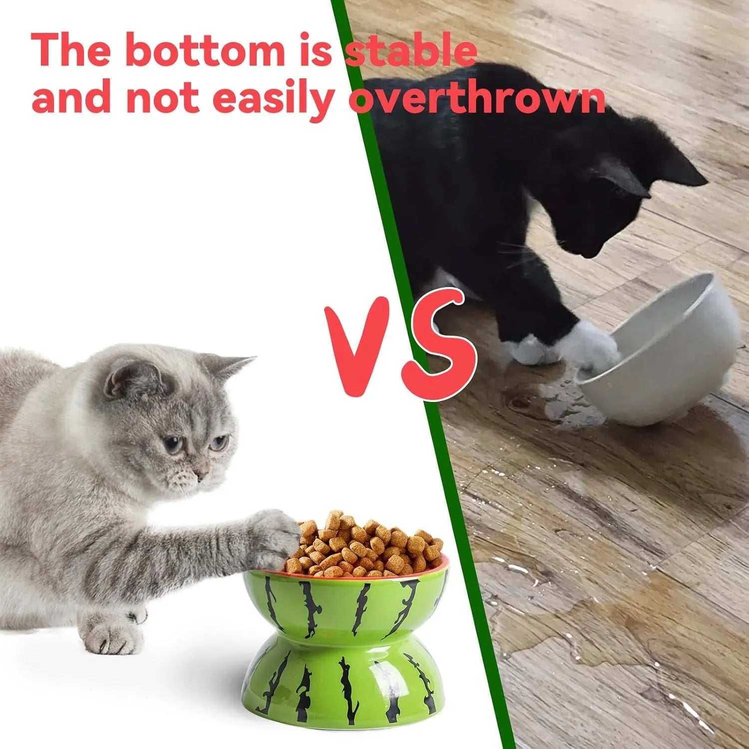 Ceramic raised cat feeder bowl in orange patterned design on a white surface.