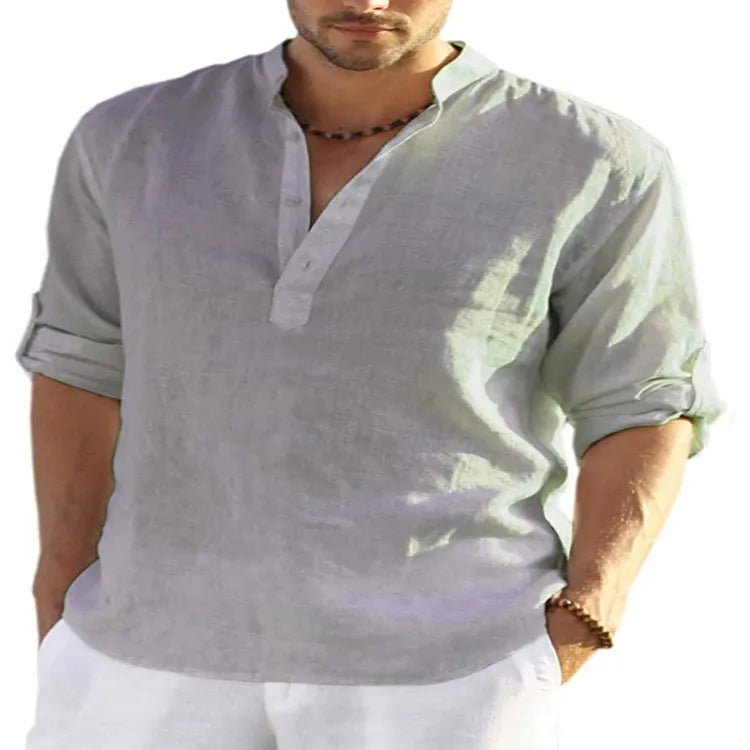Men's cotton linen stand collar shirt in solid colour with button-down front and long sleeves
