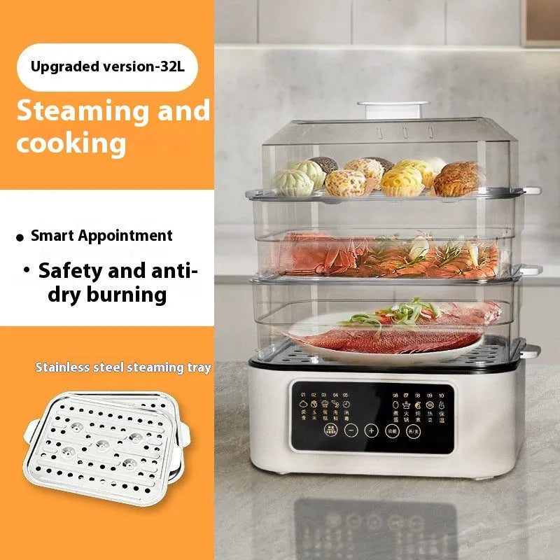 28 litre stainless steel electric food steamer with control panel and steaming rack