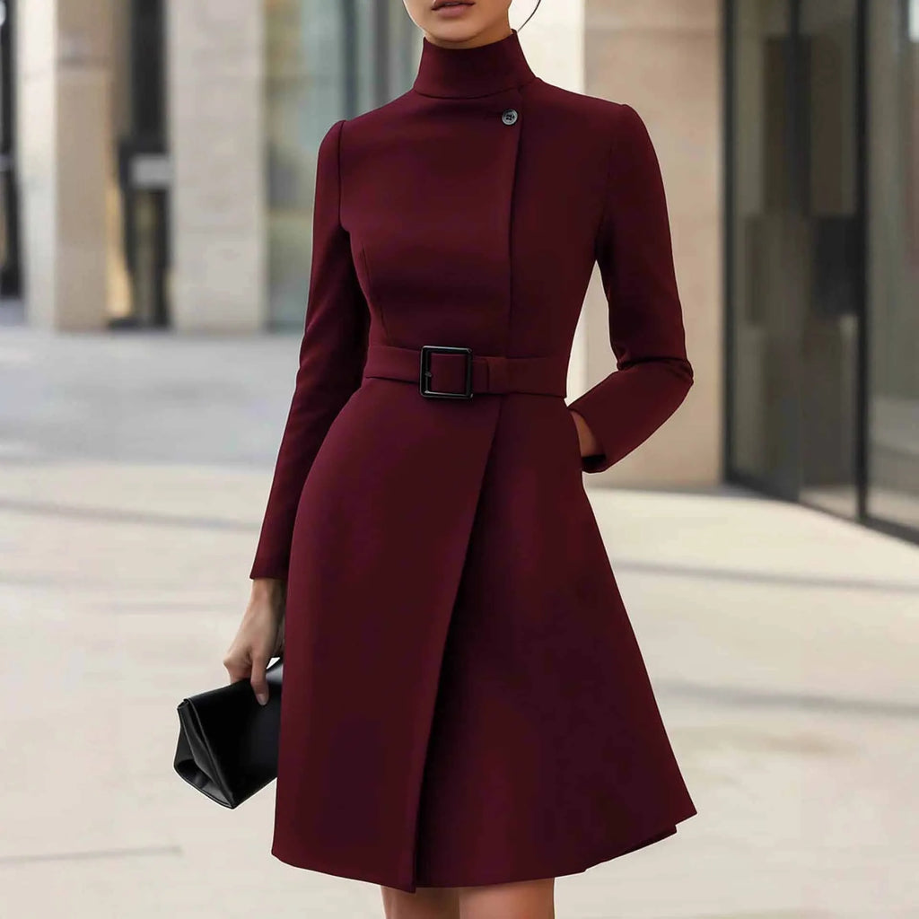 Women's long sleeve bohemian dress with stand collar and side zipper in black