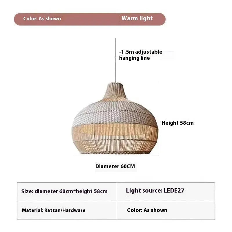 Silent Wind style rattan chandelier with 60cm diameter for pastoral Southeast Asian interior lighting.