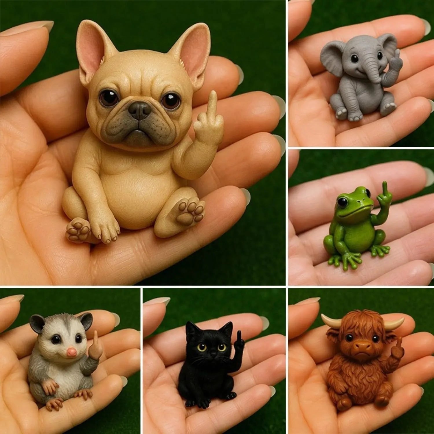 Resin animal vertical middle finger doll ornament in cat, dog, elephant, frog, Highland cattle, mouse, and turtle styles.