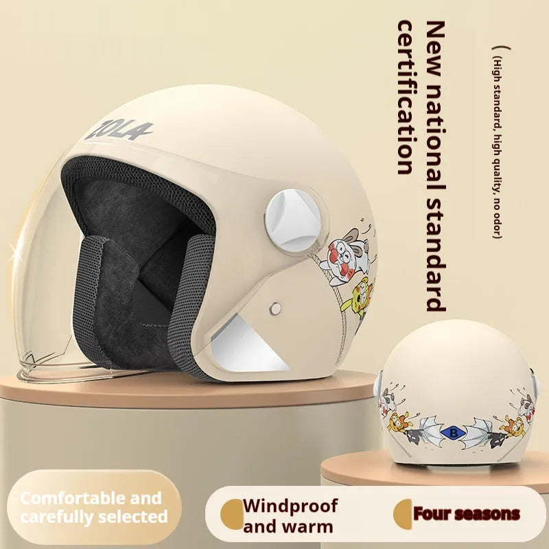 Blue electric bike helmet with attached winter scarf and a clear anti-fog visor