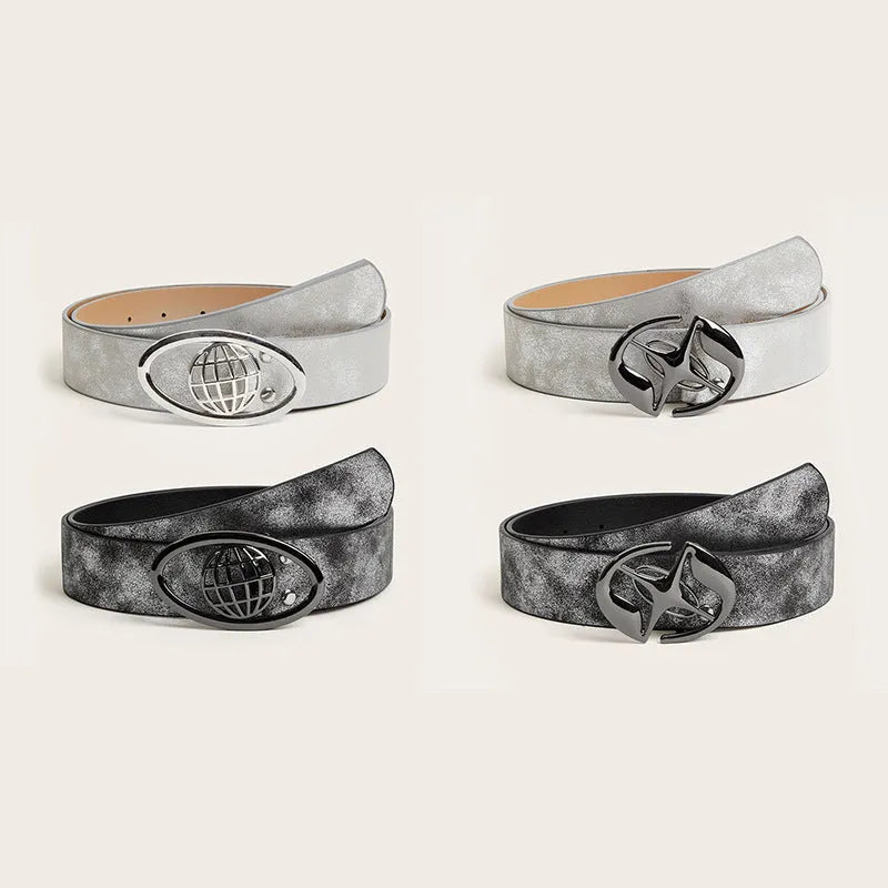 Retro thick women's PU leather belt with oval alloy buckle in earth style grey white colour