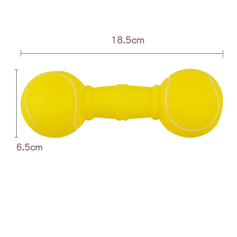 Brown orange white yellow PVC football dumbbell shaped squeaky dog chew toy on a plain background.