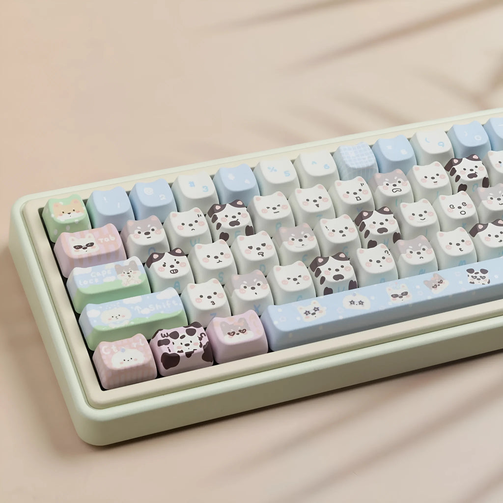 Full set of PBT keycaps for mechanical keyboard with colourful cat and puppy sublimation design.