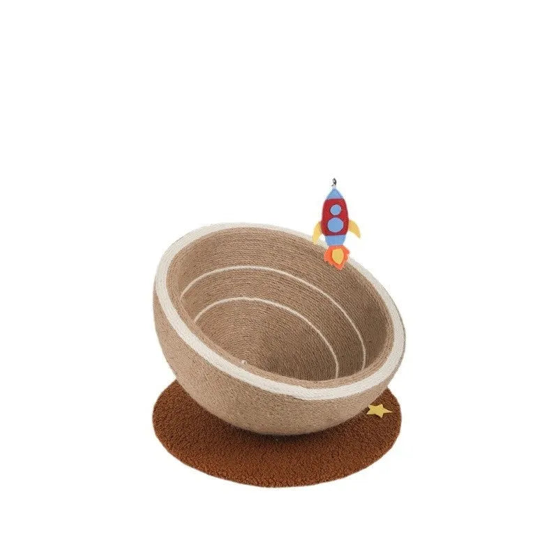 Large grey cat scratching basin and nest with sisal rope scratching surface and starry pattern design