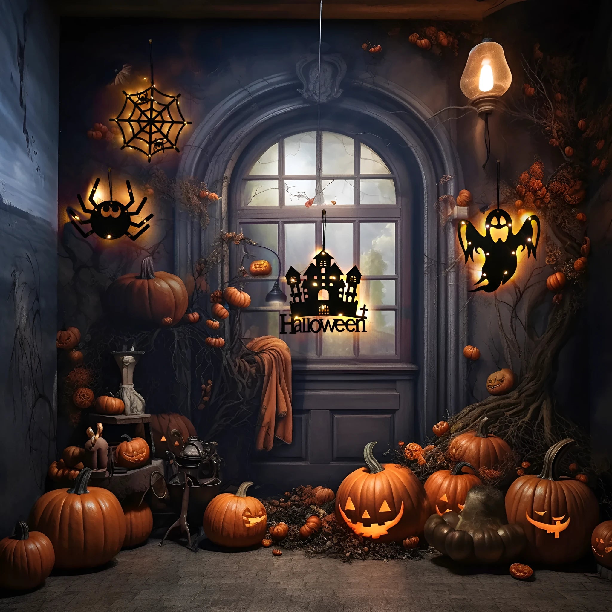 Halloween LED decorative light with luminescent spider design in abstract style for indoor use