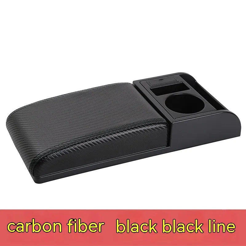 Universal automobile armrest cover with height adjustment in black PU leather finish