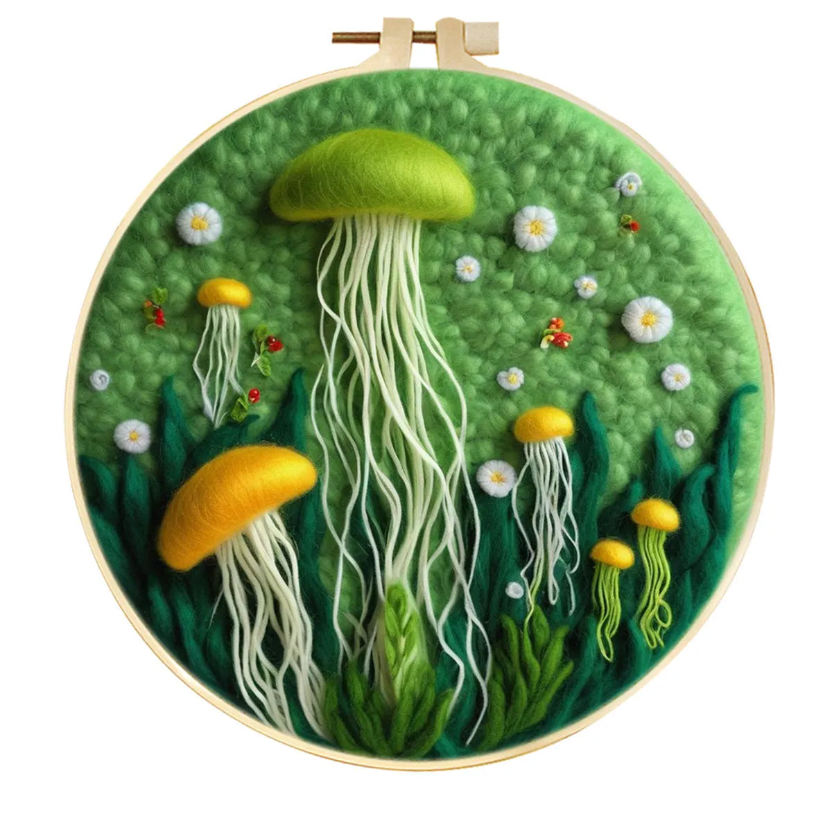 Round linen embroidery kit with wool felt pieces for 3D flowers and leaves, includes a free frame.