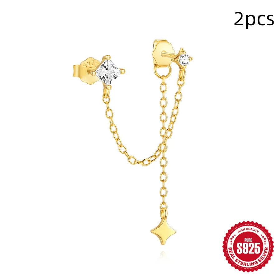 S925 sterling silver geometric earrings with inlaid zircon stones in golden colour variations