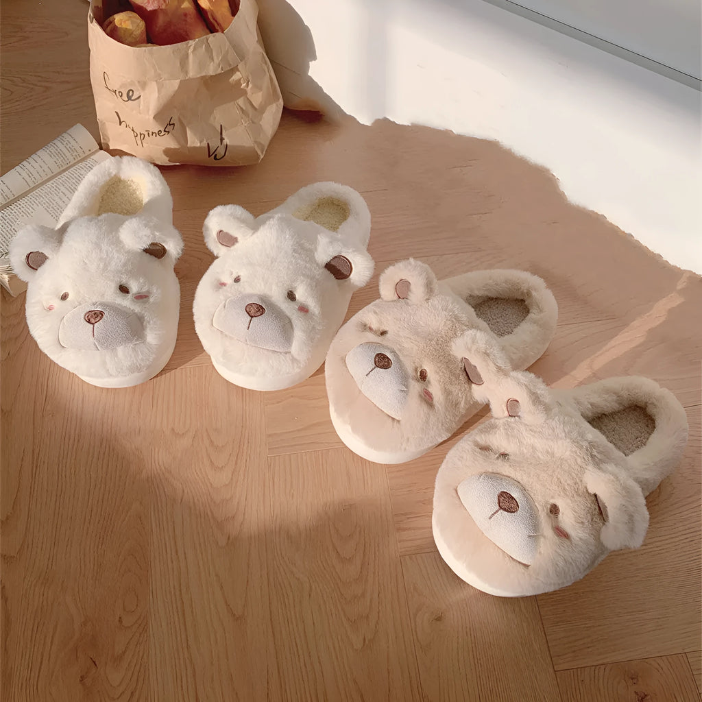 Cartoon pattern suede plush slippers for women in khaki, shown with round toe design.