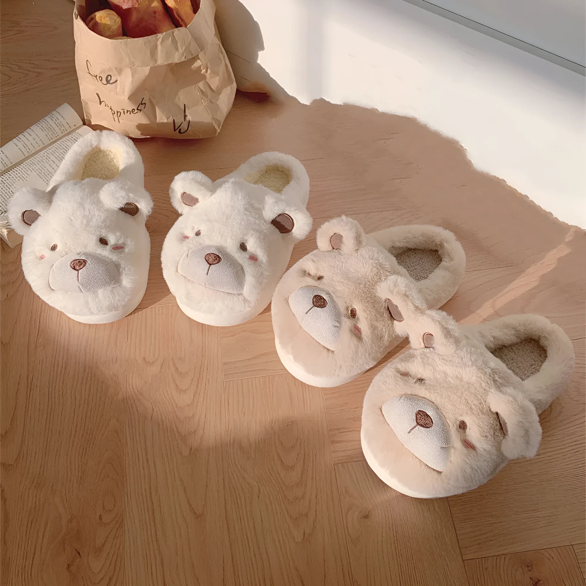 Cartoon pattern suede plush slippers for women in khaki, shown with round toe design.