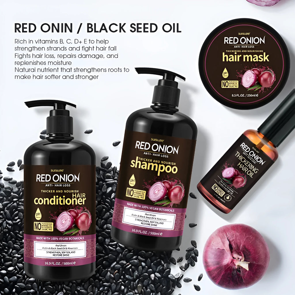 Red Onion Shampoo, Conditioner, Hair Mask, and Essential Oil 4-piece hair care set.