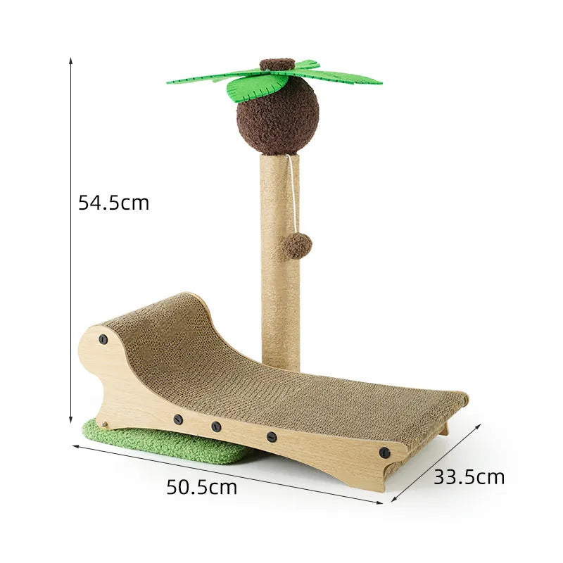 Wooden beach chair-style cat climbing frame with integrated nest, scratch board, and hemp mat