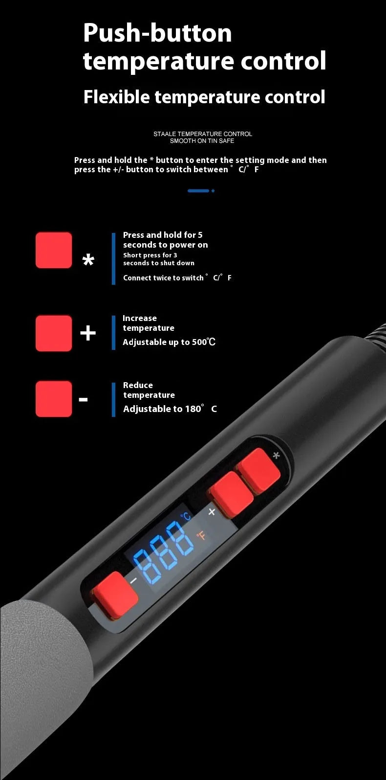 Grey 90W electric soldering iron kit with ceramic heating core, five tips, sponge, and tin wire on workbench