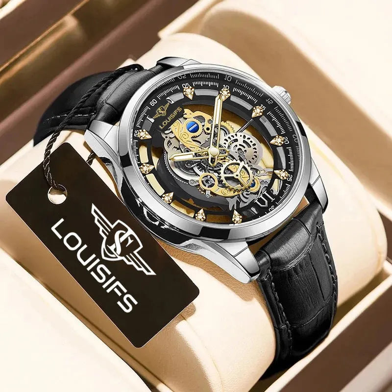 Swiss quartz men's business watch with hollow design in gold and black colour options