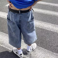 Men's blue washed denim pirate shorts with high waist and cropped length