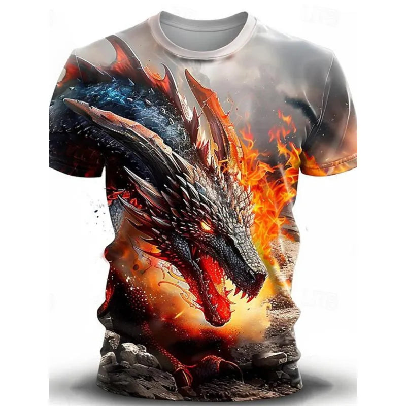 Man wearing a grey t-shirt with a large blue and white 3D wind dragon graphic print on the front.