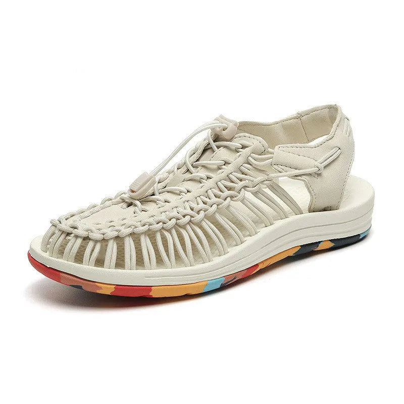 Elastic drawstring tie Roman sandals in multiple colours with a non-slip rubber sole.