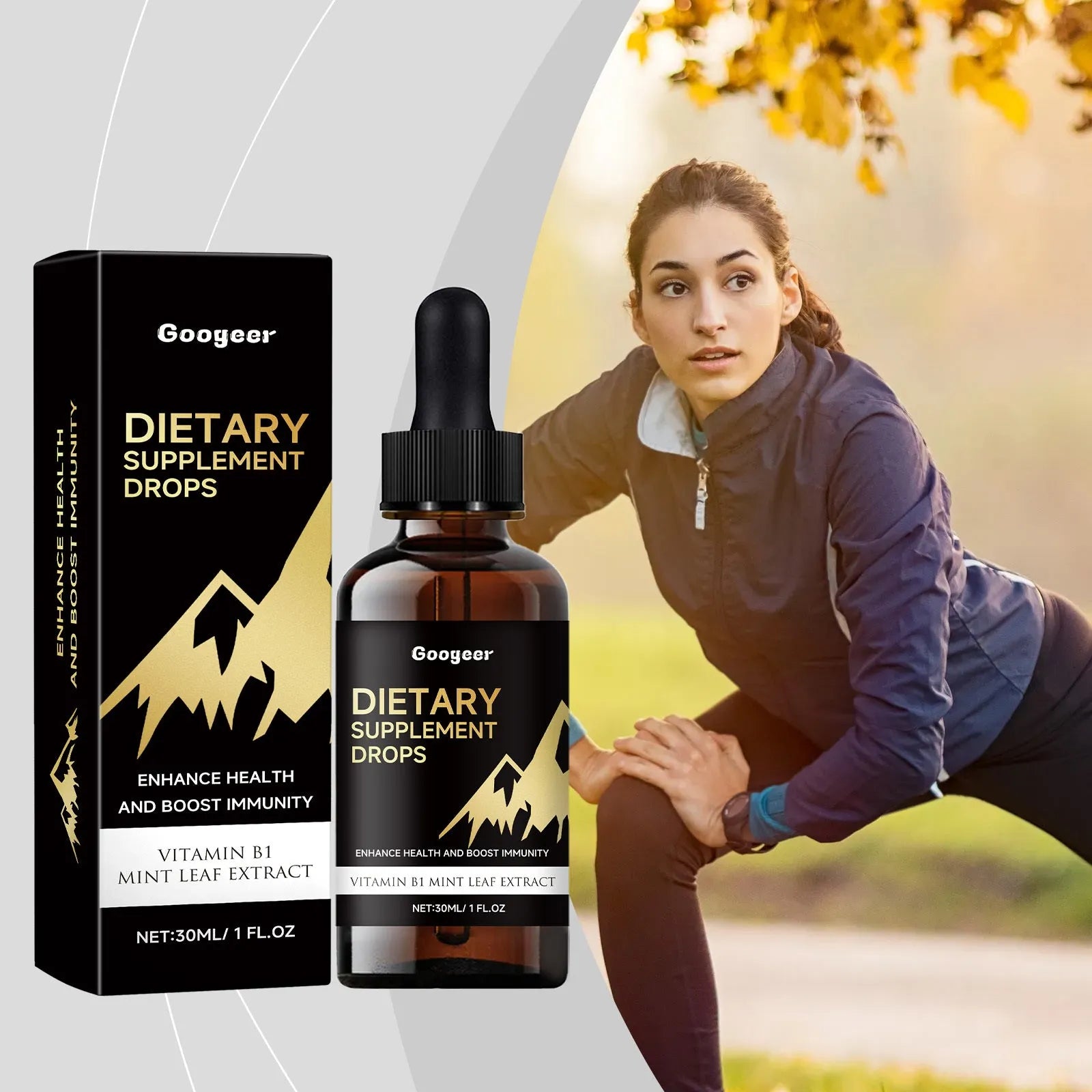 Clear bottle of amber liquid dietary supplement drops with a black dropper top.