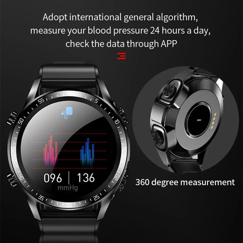 Black stainless steel round dial smart watch with heart rate monitoring and Bluetooth call feature