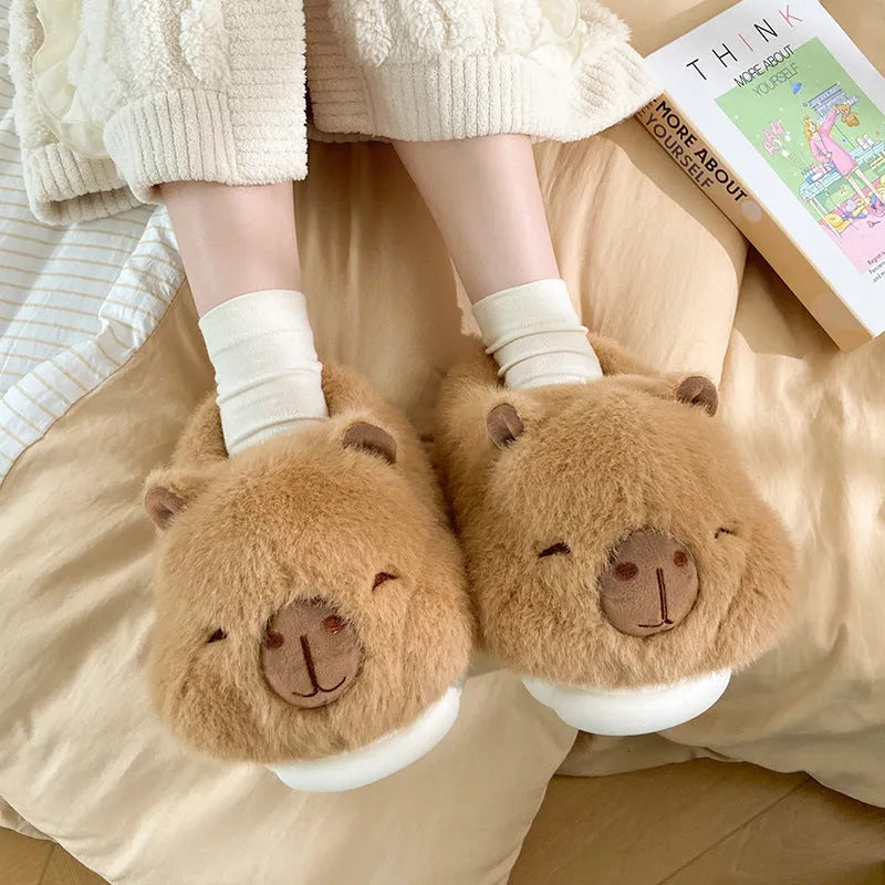 Light brown women's winter slippers with cartoon pattern, plush cotton upper and round toe design