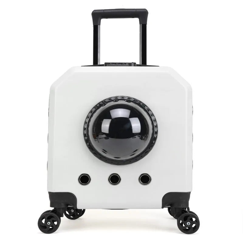 Hard-sided pink PVC pet flight case on wheels with trolley handle