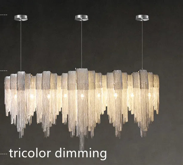 Silver Nordic aluminum LED chandelier with PMMA lampshade on ceiling in modern living room