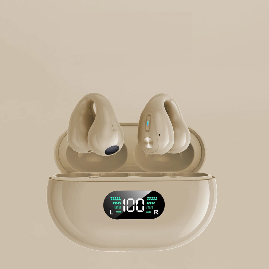 Bone conduction Bluetooth headset with ear clip design in black, white, or khaki colour.