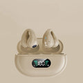 Bone conduction Bluetooth headset with ear clip design in black, white, or khaki colour.