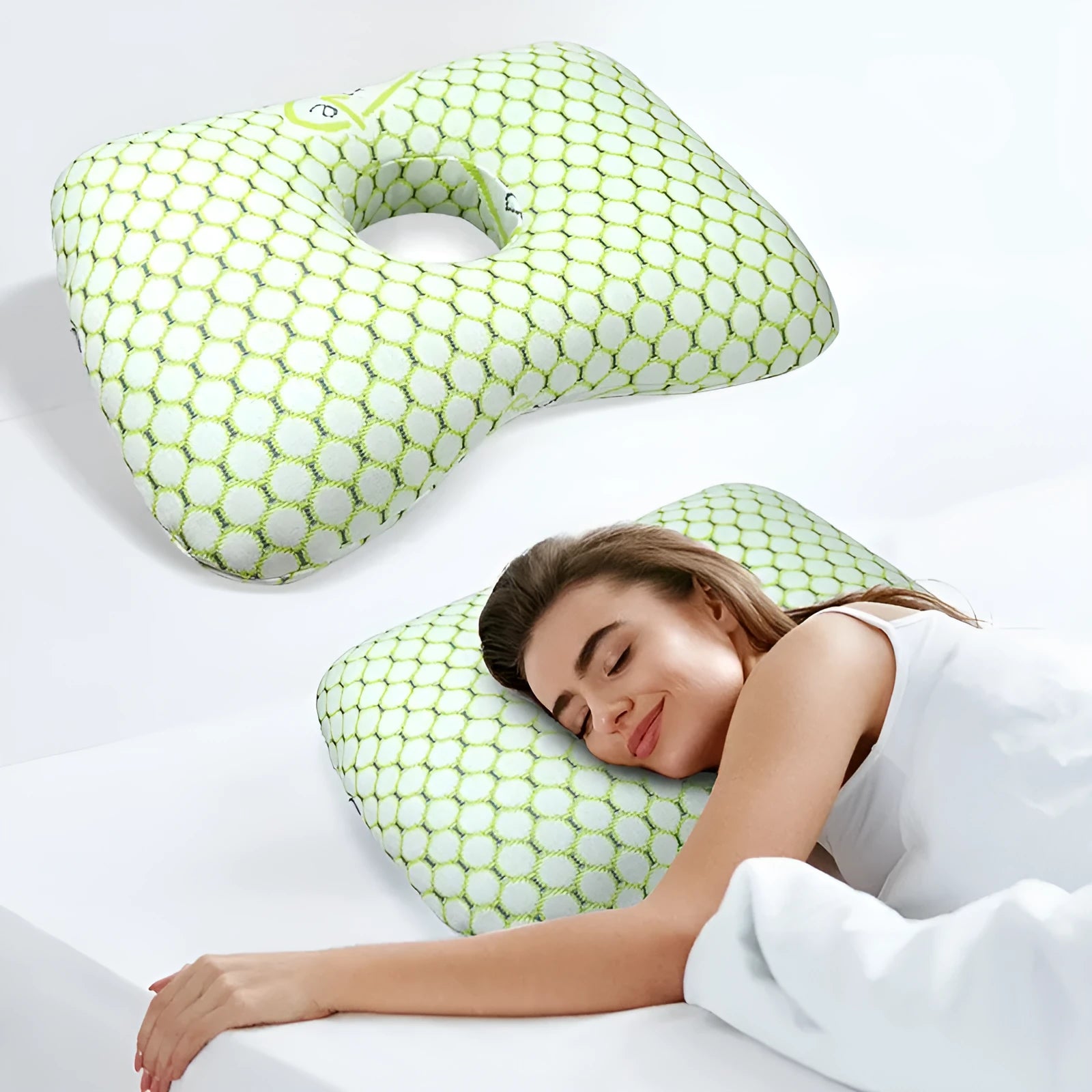 Single hole beauty salon ear pillow for adults in New Chinese style, shown in plaid grey colour, dimensions 39x28x6 cm.