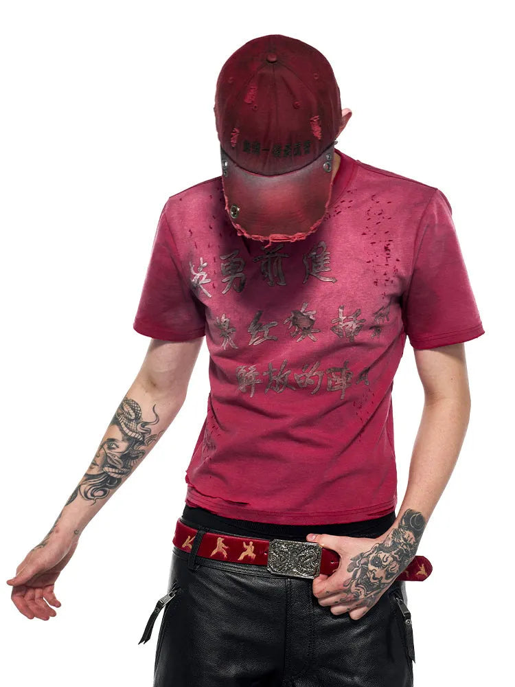 Red distressed slim-fit men's cotton t-shirt with short sleeves and a round neck.