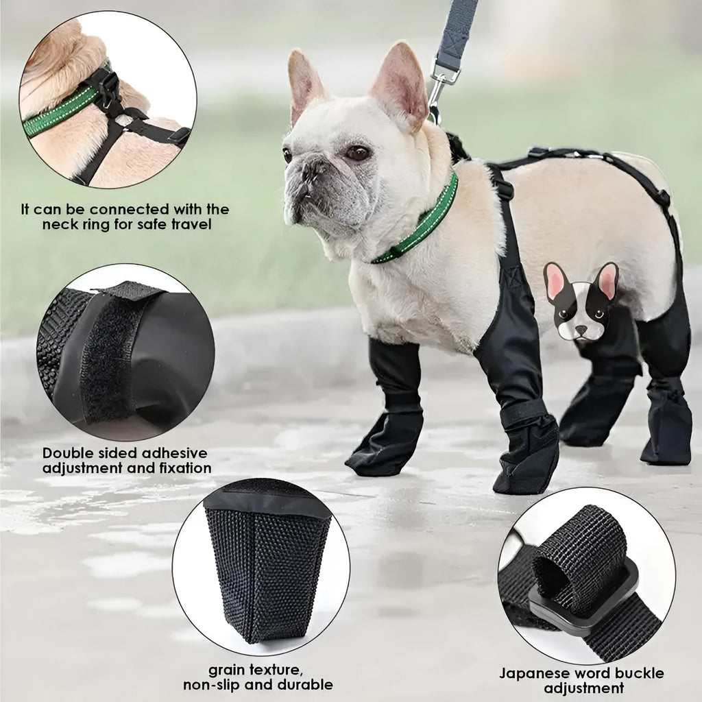 Black waterproof dog shoes with adjustable buckle and non-slip sole on surface