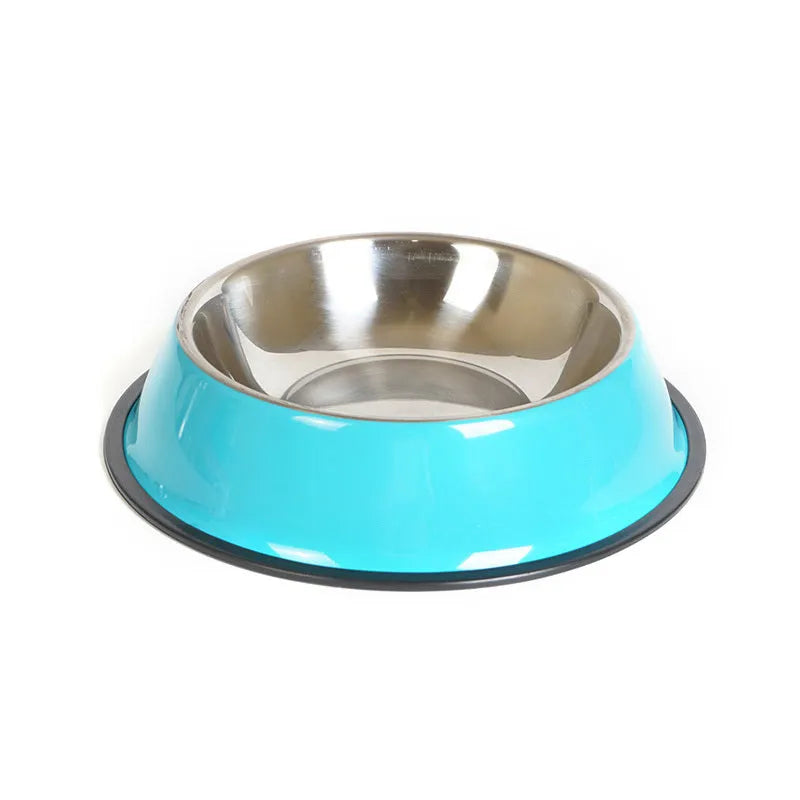 Stainless steel pet bowl with colourful melamine base and non-slip rubber ring in multiple colour options