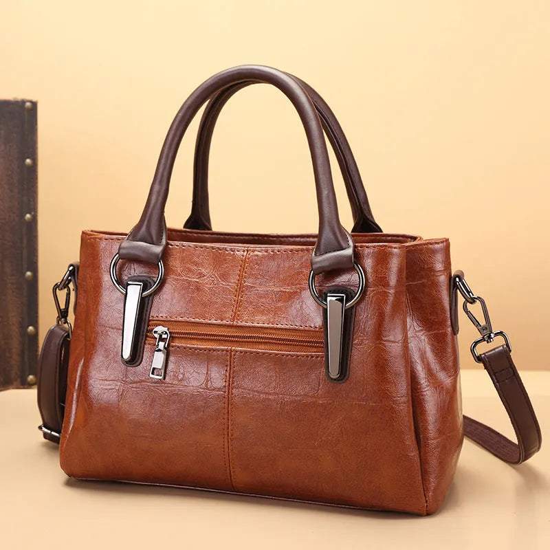 Women's PU leather shoulder bag with horizontal square shape and open pocket in vintage brown colour