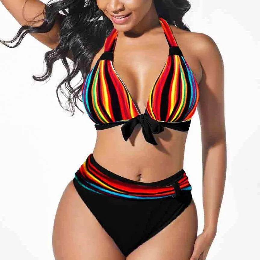 Women's colourful printed plus size bikini swimming suit with matching top and bottom