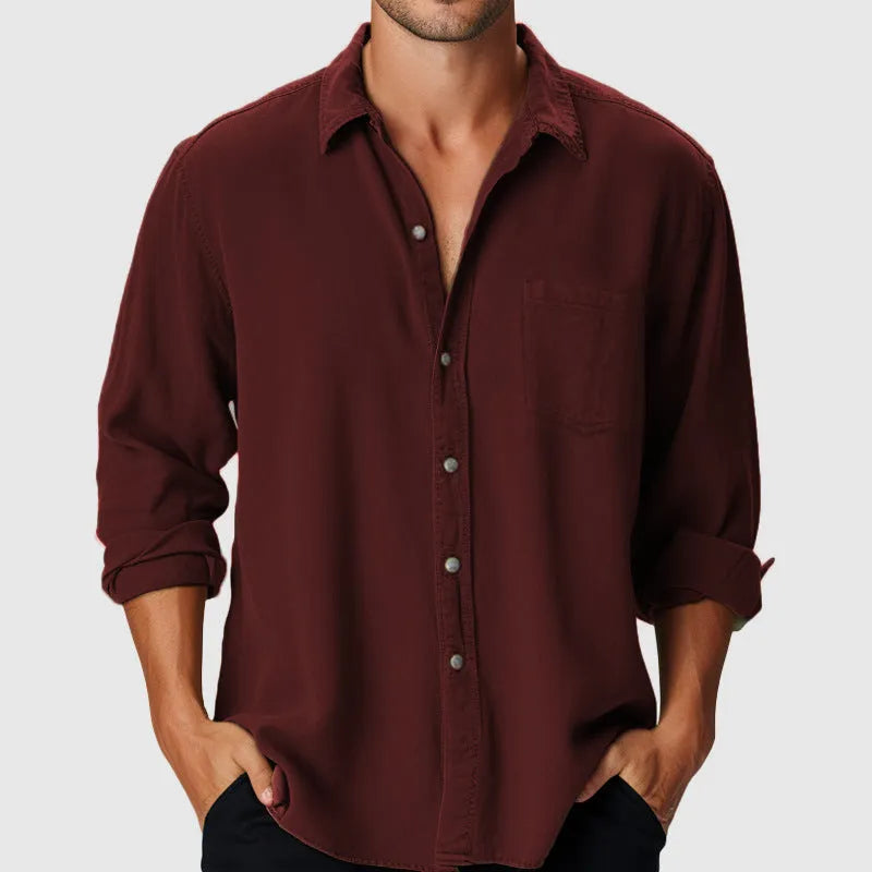 Men's loose-fit beach shirt with stand collar and long sleeves in lightweight polyester fabric