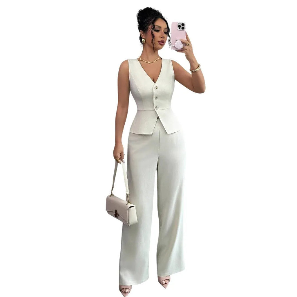 Women's sleeveless vest and high-waisted trousers two-piece set in solid colour