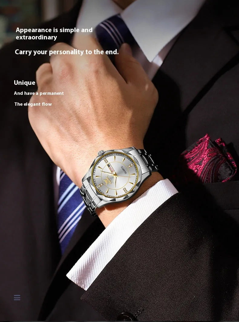OPK8151 men's quartz watch with round dial, stainless steel strap, and double calendar display