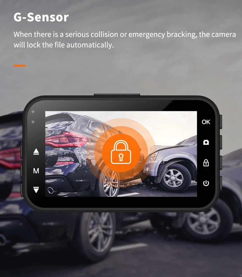 ThiEYE front and rear dash cam with 3-inch screen, suction cup mount, rear camera, and installation cables