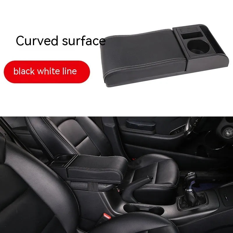 Universal automobile armrest cover with height adjustment in black PU leather finish