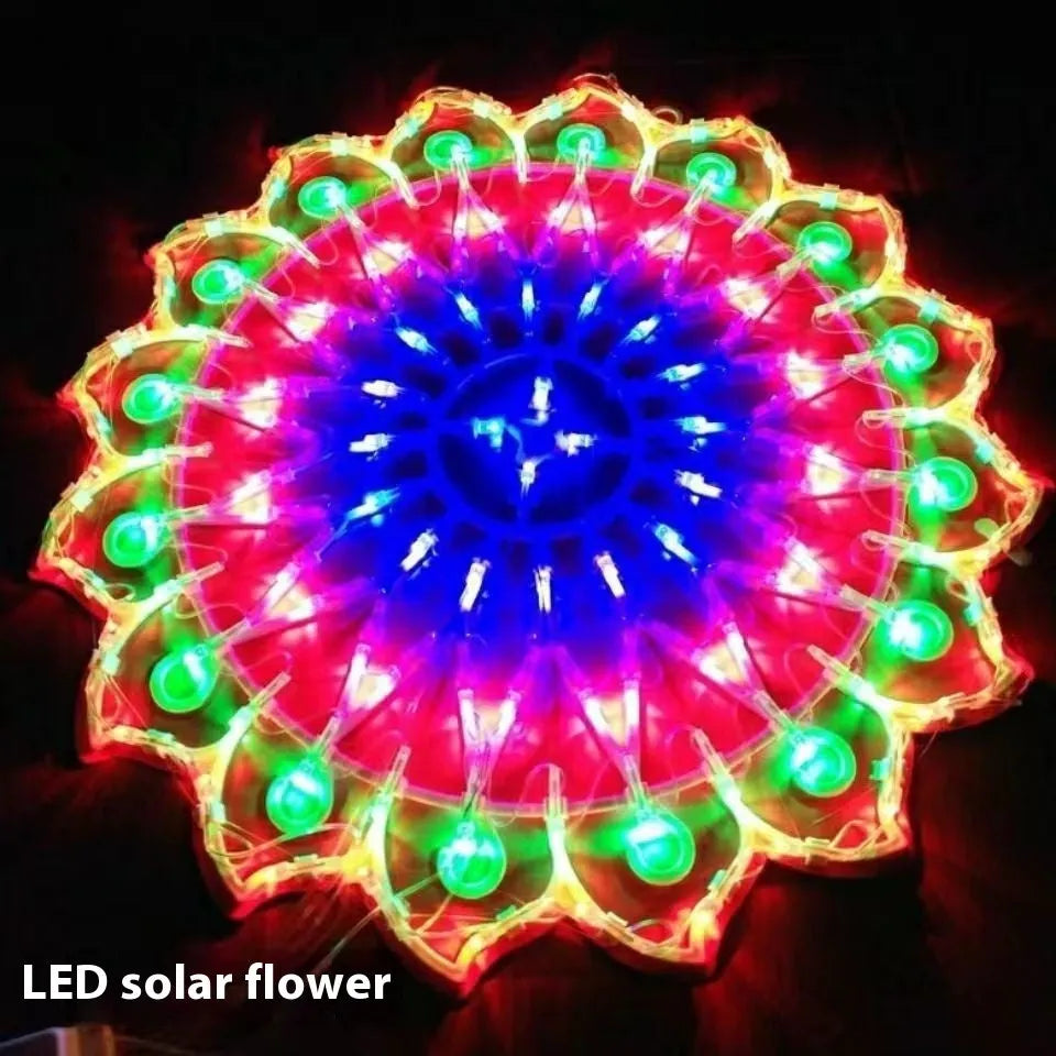 Outdoor festive string lights showing peacock, love heart, sunflower, and star shapes.