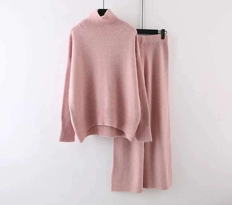 Women's casual acrylic sweater and wide leg trousers two-piece set in solid colour