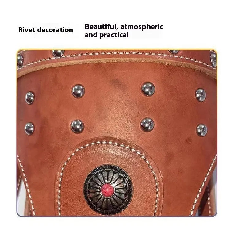 Pure cowhide horse halter with metal buckle and dragon cover in red on a wooden stable background
